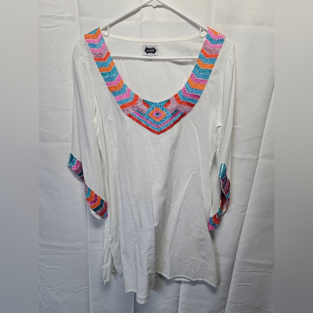 Mudpie White CottonTunic with Multicolor Beads Sz M NWOT